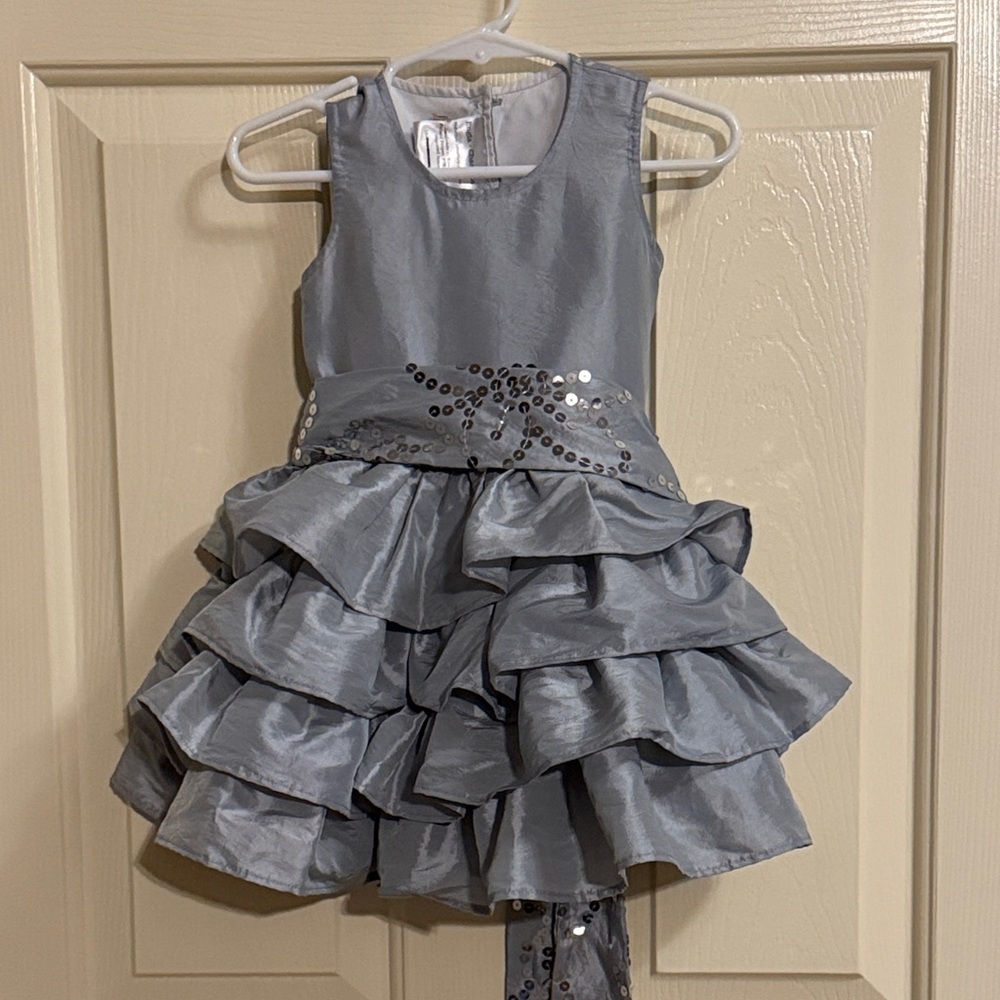 Elegant Silver Ruffled Flower Girl Dress